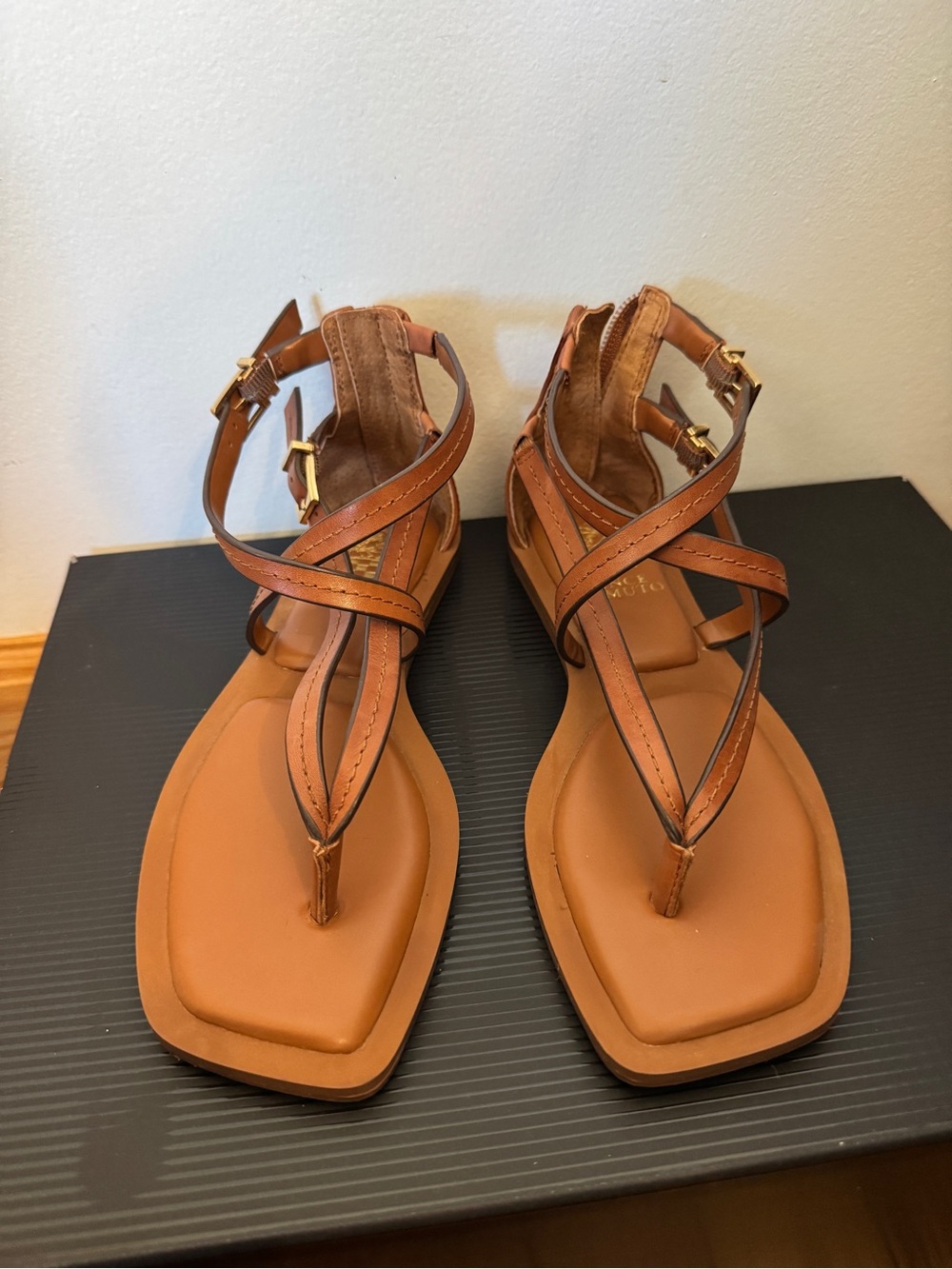 Vince Camuto Cognac Brown Leather Strappy Thong Sandals